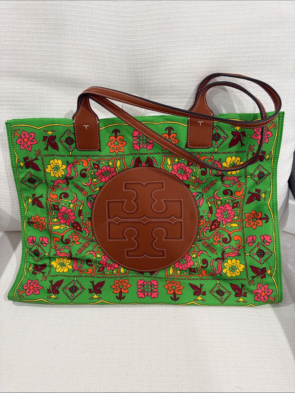 Tory Burch Green Floral Nylon Tote With Brown Leather Trim Limited Edition